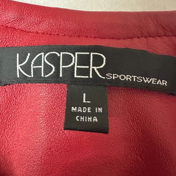Kasper jacket sz L Red Leather big button up 3/4 sleeves collarless biker glam - Picture 3 of 5